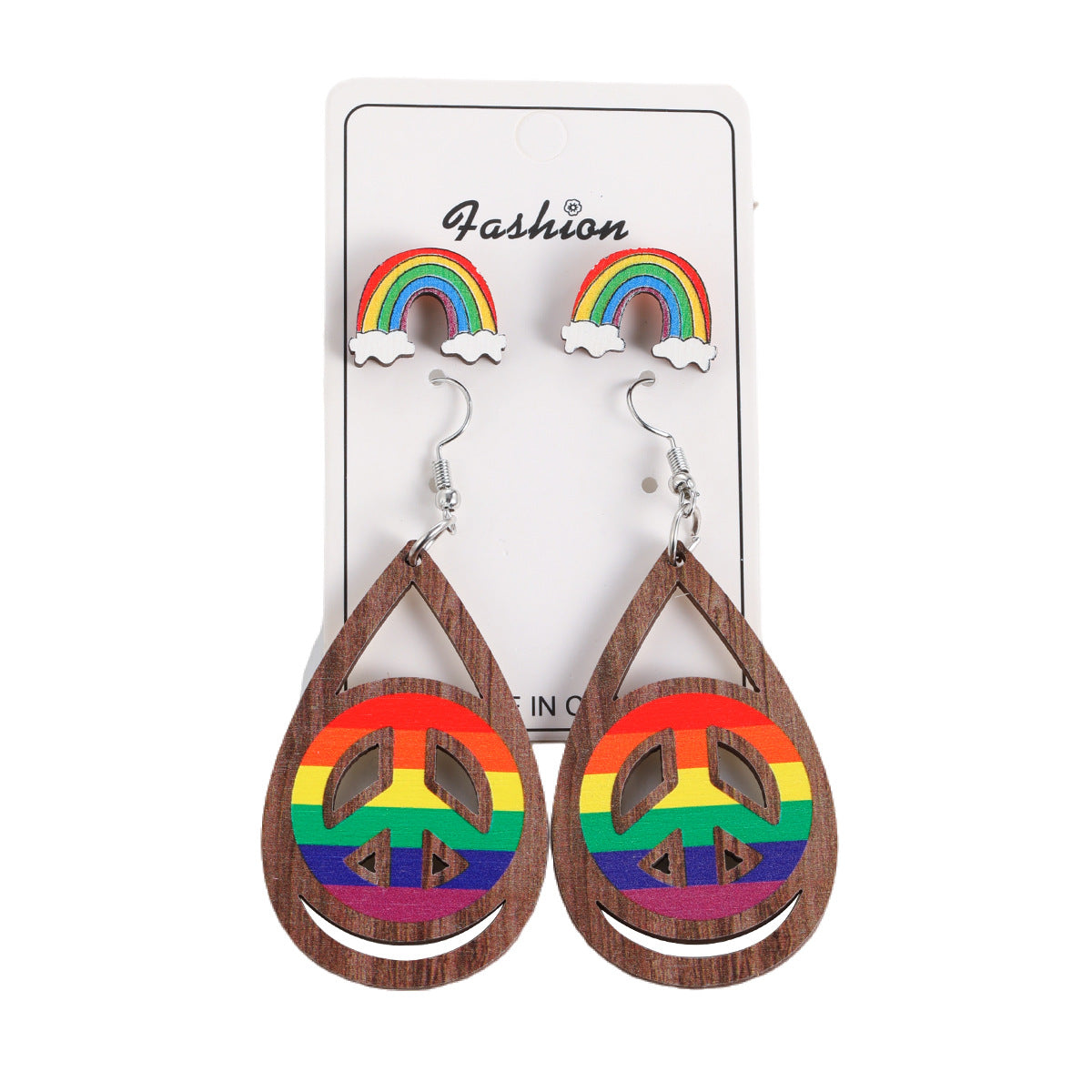 Pendientes de madera de letrero de paz estampado de arco irbow al por mayor